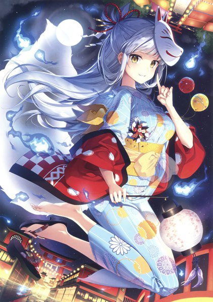 Anime picture 2109x3000 with original eshi 100-nin ten masuishi kinoto single long hair tall image looking at viewer fringe highres yellow eyes silver hair full body traditional clothes japanese clothes scan half updo jumping mask on head single shoe girl