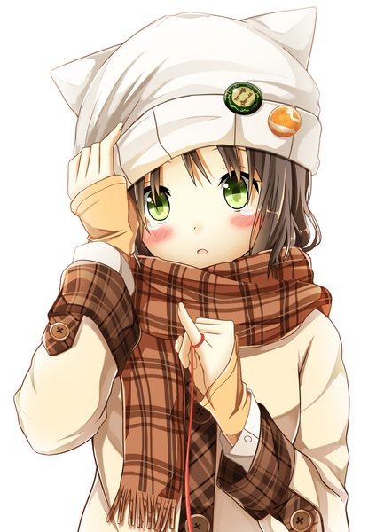 Anime picture 1200x1697 with original hibari (artist) single tall image looking at viewer blush short hair black hair simple background white background green eyes tears girl jacket scarf cap thread red thread badge