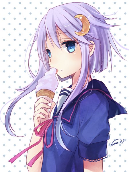 Anime picture 600x800 with kantai collection yayoi destroyer nunucco single tall image looking at viewer short hair blue eyes white background signed purple hair eating polka dot crescent asymmetrical hair polka dot background girl uniform hair ornament serafuku