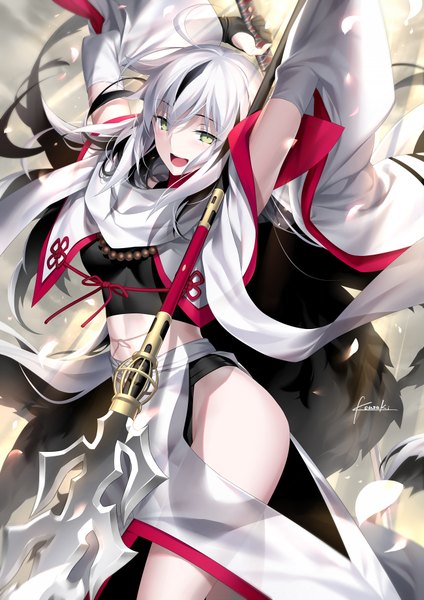 Anime picture 650x919 with fate (series) fate/grand order nagao kagetora (fate) kousaki rui single long hair tall image looking at viewer blush fringe breasts open mouth light erotic smile standing holding green eyes signed payot silver hair