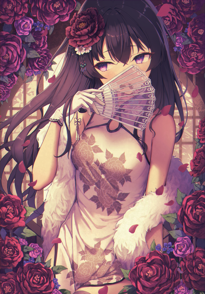 Anime picture 3000x4300 with original ryuinu single long hair tall image fringe highres black hair hair between eyes purple eyes holding looking away indoors traditional clothes arm up hair flower floral print chinese clothes side slit covered mouth
