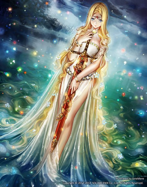 Anime picture 788x1000 with jane mere single tall image looking at viewer blue eyes blonde hair sky cloud (clouds) very long hair wavy hair girl dress hair ornament weapon sword bracelet