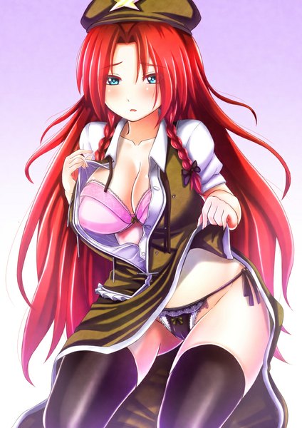 Anime picture 707x1000 with touhou hong meiling ebi 193 single long hair tall image looking at viewer blush breasts blue eyes light erotic simple background large breasts red hair girl thighhighs underwear panties black thighhighs lingerie