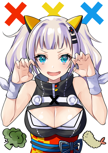 Anime picture 868x1228 with virtual youtuber the moon studio kaguya luna ryun025 single long hair tall image looking at viewer blush fringe breasts open mouth light erotic large breasts white background twintails payot cleavage silver hair upper body