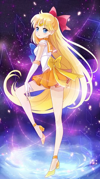 Anime picture 562x1000 with bishoujo senshi sailor moon toei animation aino minako sailor venus dorris single tall image looking at viewer blush blue eyes blonde hair smile very long hair half updo girl gloves bow hair bow elbow gloves white gloves