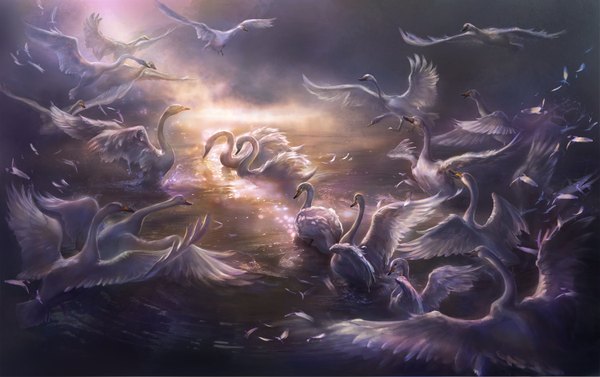 Anime picture 1500x944 with rong rong (shenhaiyuyou) cloud (clouds) nature animal water sea bird (birds) feather (feathers) swan