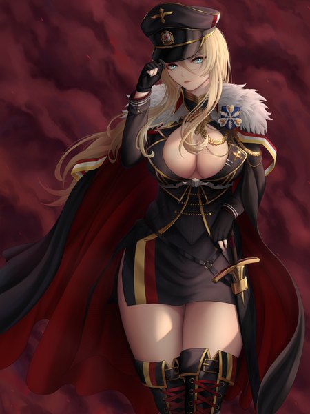 Anime picture 1650x2200 with azur lane bismarck (azur lane) zaphn single long hair tall image looking at viewer fringe breasts blue eyes light erotic simple background blonde hair hair between eyes large breasts standing payot cleavage long sleeves arm up