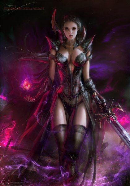 Anime picture 840x1200 with original demonlord single long hair tall image looking at viewer breasts open mouth light erotic black hair red eyes large breasts standing holding signed realistic thighs magic watermark smoke