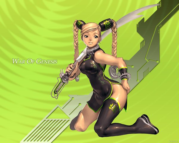 Anime picture 1280x1024 with war of genesis 3 war of genesis kim hyung tae single long hair blonde hair simple background smile sitting bare shoulders braid (braids) grey eyes twin braids chinese clothes girl weapon sword thigh boots collar chinese dress