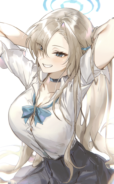Anime-Bild 1300x2105 mit blue archive asuna (blue archive) zuzu (wckd7545) single tall image fringe blue eyes light erotic simple background blonde hair smile white background looking away very long hair hair over one eye grin adjusting hair arms behind head girl shirt