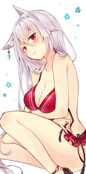 Anime picture 1000x2009 with original itsumi mita single tall image looking at viewer blush fringe breasts light erotic simple background hair between eyes red eyes large breasts white background animal ears cleavage silver hair ass very long hair head tilt