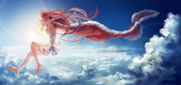 Anime picture 1850x873 with original gunni single long hair highres open mouth wide image sky cloud (clouds) red hair eyes closed barefoot sunlight laughing girl dress white dress cape crown sun
