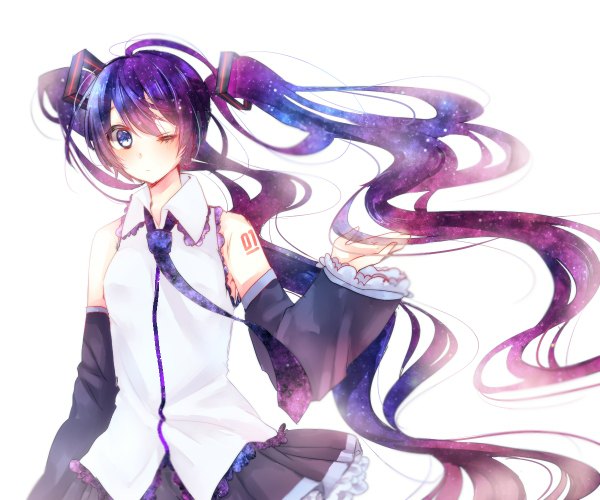 Anime picture 1200x1000 with vocaloid hatsune miku hiiro hiiragi single looking at viewer blush fringe simple background standing white background purple eyes twintails bare shoulders purple hair very long hair one eye closed multicolored hair wind wide sleeves gradient hair