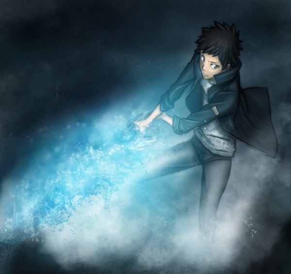 Anime picture 1515x1426 with katekyou hitman reborn yamamoto takeshi gray fullbuster (artist) single short hair black hair grey eyes coloring magic light boy weapon sword jacket pants