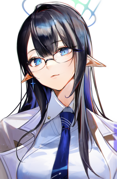 Anime picture 2300x3508 with blue archive rin (blue archive) moko (moko/moko) single long hair tall image fringe highres blue eyes black hair simple background white background looking away upper body pointy ears girl glasses necktie halo