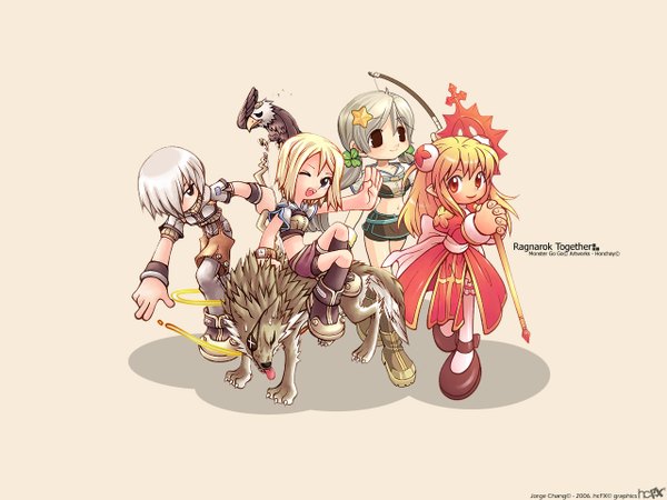 Anime picture 1280x960 with ragnarok online high priest hunter (ragnarok online) sniper (ragnarok online) honchay long hair looking at viewer short hair blonde hair smile red eyes standing twintails multiple girls brown eyes signed one eye closed grey hair copyright name third-party edit