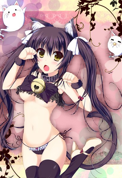 Anime picture 1743x2542 with kyona (konakona) long hair tall image blush highres breasts open mouth light erotic black hair twintails animal ears yellow eyes cat ears cat tail girl thighhighs navel underwear panties ribbon (ribbons)