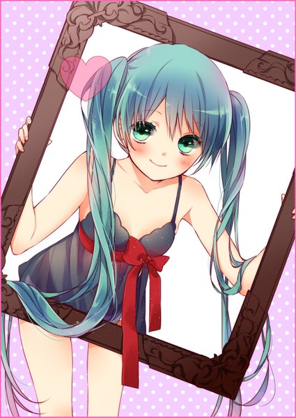 Anime picture 1316x1859 with vocaloid hatsune miku ami7 single tall image looking at viewer blush fringe smile twintails holding very long hair aqua eyes aqua hair alternate costume legs border happy girl bow