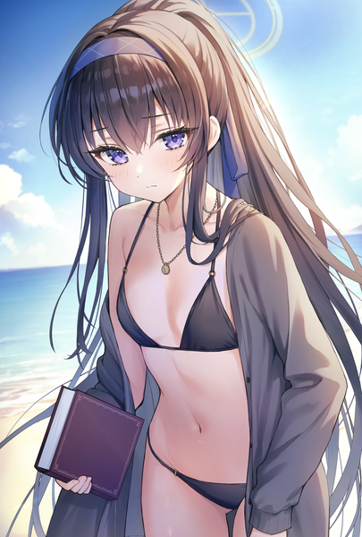 Anime picture 1351x2000 with blue archive ui (blue archive) ui (swimsuit) (blue archive) kuro futoshi single long hair tall image looking at viewer blush fringe light erotic black hair hair between eyes standing purple eyes holding payot sky cloud (clouds) outdoors