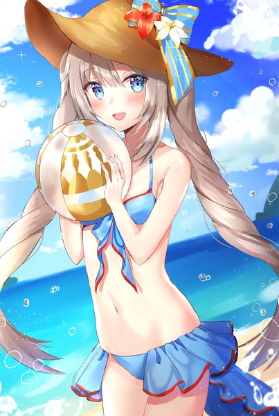 Anime picture 1377x2048 with fate (series) fate/grand order marie antoinette (fate/grand order) marie antoinette (swimsuit caster) (fate) kubong single long hair tall image looking at viewer blush fringe open mouth blue eyes light erotic smile hair between eyes standing twintails bare shoulders holding
