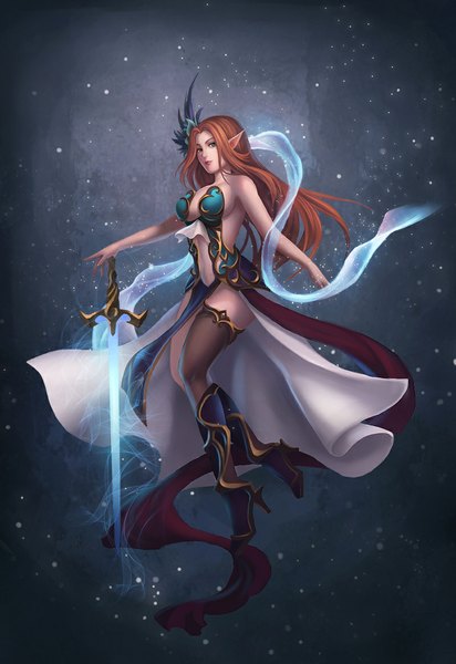 Anime picture 800x1164 with original stellarism single long hair tall image light erotic brown hair bare shoulders green eyes pointy ears elf girl weapon sword boots shawl