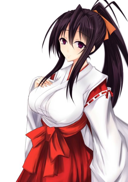 Anime picture 2480x3507 with highschool dxd himejima akeno manna (artist) single long hair tall image looking at viewer blush fringe highres breasts light erotic black hair simple background smile hair between eyes large breasts white background purple eyes ponytail