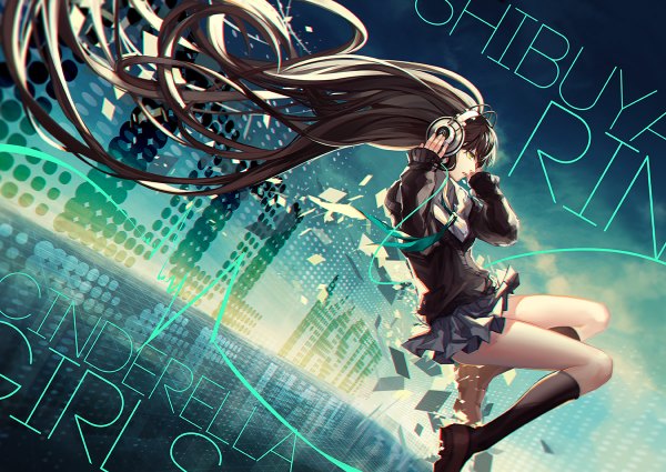 Anime picture 1200x850 with idolmaster idolmaster cinderella girls shibuya rin skade single fringe hair between eyes brown hair holding green eyes looking away bent knee (knees) very long hair long sleeves profile lips copyright name character names thighs light