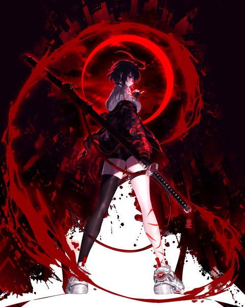 Anime picture 4000x5000 with original sushispin single tall image fringe highres short hair breasts black hair red eyes standing looking away absurdres full body ahoge nail polish profile fingernails from behind off shoulder