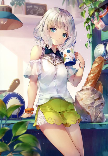 Anime picture 2282x3300 with original deecha single tall image looking at viewer blush fringe highres short hair blue eyes standing bare shoulders holding silver hair indoors blunt bangs parted lips scan arm support girl