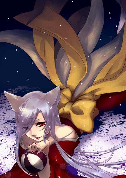 Anime picture 1440x2035 with original otsuki (artist) single long hair tall image fringe red eyes bare shoulders animal ears silver hair lying japanese clothes hair over one eye girl bow petals ball paper balloon