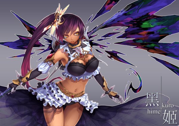 Anime picture 1800x1273 with original curry bowl single long hair fringe highres light erotic simple background standing bare shoulders holding yellow eyes purple hair grey background bare belly side ponytail girl skirt gloves navel
