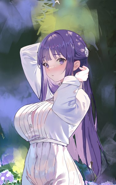 Anime picture 2537x4034 with sousou no frieren fern (sousou no frieren) duzizai single long hair tall image looking at viewer blush highres light erotic purple eyes purple hair outdoors covered navel half updo partially open clothes girl dress white dress