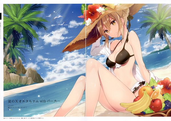 Anime picture 6488x4593 with fate (series) fate/grand order artoria pendragon (all) mysterious heroine x (alter) (fate) necomi (gussan) single fringe highres light erotic blonde hair hair between eyes sitting bare shoulders signed yellow eyes absurdres cloud (clouds) braid (braids) scan copyright name