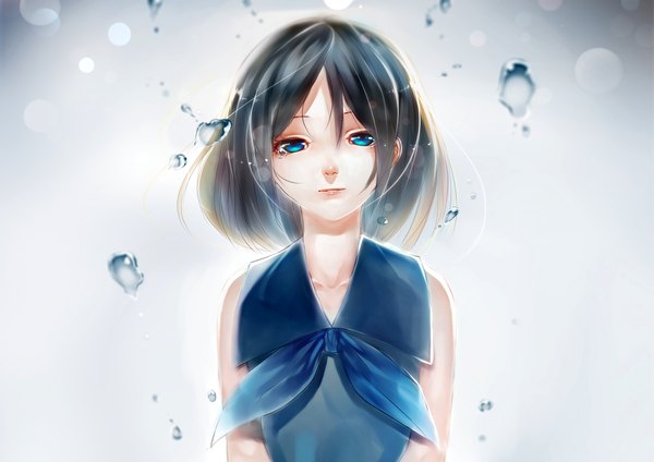 Аниме картинка 2000x1414 с оригинальное изображение junp один (одна) смотрит на зрителя высокое разрешение короткие волосы голубые глаза чёрные волосы голые плечи девушка платье пузырь (пузыри)