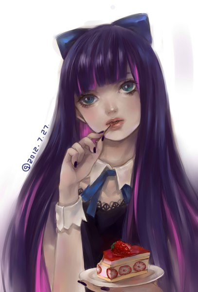 Anime picture 1300x1914 with panty & stocking with garterbelt anarchy stocking tagme (artist) single tall image looking at viewer blue eyes simple background very long hair nail polish multicolored hair lips inscription colored inner hair eating girl bow hair bow food sweets