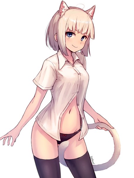 Anime picture 1608x2126 with original amekaze yukinatsu single tall image fringe short hair blue eyes light erotic blonde hair smile signed animal ears tail blunt bangs animal tail cat ears short sleeves cat girl cat tail partially open clothes