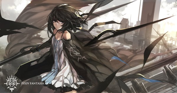 Anime picture 2267x1200 with original pixiv fantasia pixiv fantasia fallen kings paradise (character) swd3e2 single looking at viewer highres short hair brown hair wide image grey eyes logo girl dress gloves weapon animal sword fingerless gloves