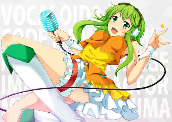 Anime picture 1000x714 with vocaloid gumi ok-ray single long hair blush open mouth light erotic smile green eyes green hair inscription girl dress frills headphones thigh boots wrist cuffs sundress microphone