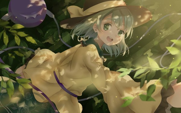 Anime picture 1536x960 with touhou komeiji koishi piyo (sqn2idm751) single looking at viewer short hair open mouth green eyes outdoors :d green hair girl plant (plants) hat blouse eyeball