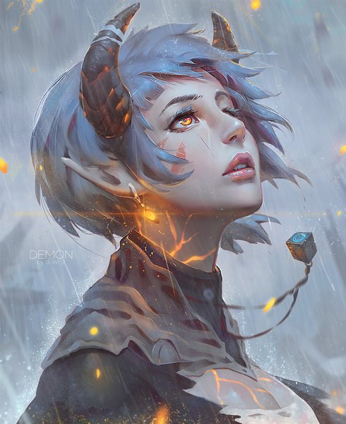 Anime picture 900x1101 with original guweiz single tall image fringe short hair signed payot blue hair looking away upper body parted lips horn (horns) lips pointy ears blurry realistic teeth lipstick text