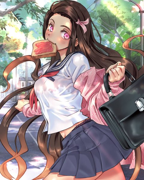 Anime picture 1080x1350 with kimetsu no yaiba ufotable kamado nezuko diegodraws single tall image looking at viewer blush breasts black hair large breasts standing holding outdoors very long hair head tilt pleated skirt pink eyes multicolored hair sunlight