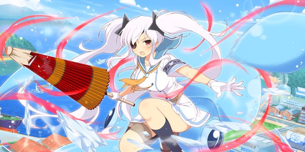Anime picture 3840x1920 with senran kagura yagyuu (senran kagura) yaegashi nan single looking at viewer blush highres breasts open mouth red eyes wide image twintails sky cloud (clouds) white hair very long hair pleated skirt copyright name lens flare outstretched arm