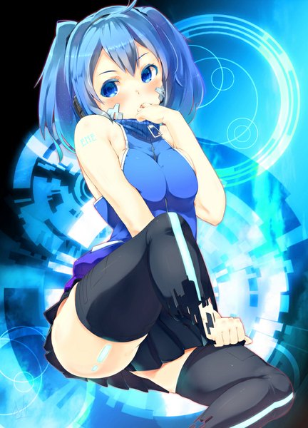 Anime picture 721x1000 with kagerou project shaft (studio) ene (kagerou project) gedou (shigure seishin) single long hair tall image blush fringe breasts blue eyes light erotic twintails looking away pleated skirt aqua eyes sleeveless breast press glow breast squeeze
