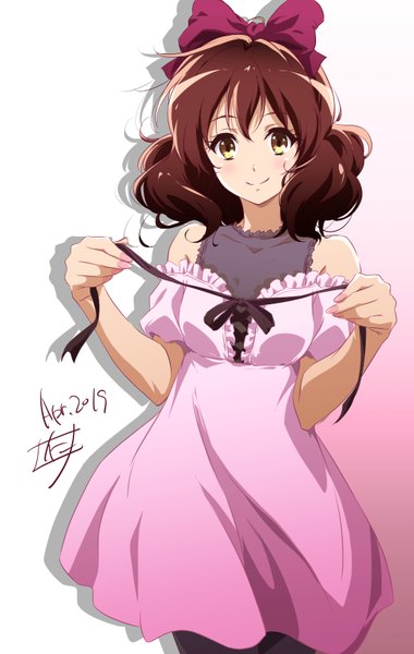 Anime picture 1048x1654 with hibike! euphonium kyoto animation oumae kumiko nii manabu single tall image looking at viewer blush fringe short hair simple background smile hair between eyes brown hair standing bare shoulders holding signed yellow eyes shadow
