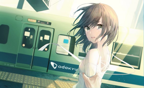 Anime picture 4928x3016 with original neiless neiro looking at viewer blush fringe highres short hair open mouth black hair wide image standing green eyes absurdres looking back tears solo focus crying anaglyph pov arm grab
