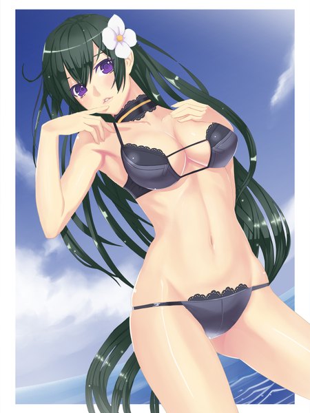 Anime picture 1200x1600 with border break (game) damegane single tall image light erotic black hair purple eyes very long hair hair flower border girl navel hair ornament swimsuit bikini black bikini collar