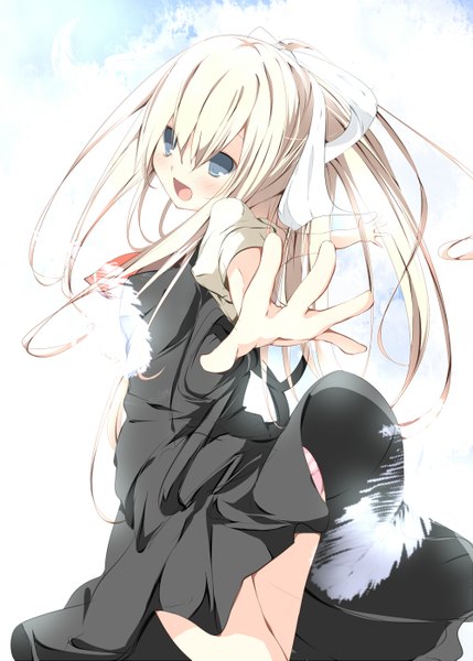 Anime picture 1000x1399 with air key (studio) kamio misuzu tabuchisan single long hair tall image blush open mouth blue eyes light erotic blonde hair looking away sky ponytail pantyshot spread arms skirt lift girl skirt