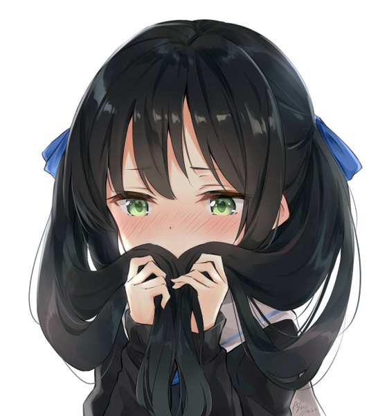 Anime picture 2335x2507 with original azuuru single long hair tall image blush fringe highres black hair simple background white background twintails holding green eyes signed looking away upper body embarrassed dated looking down