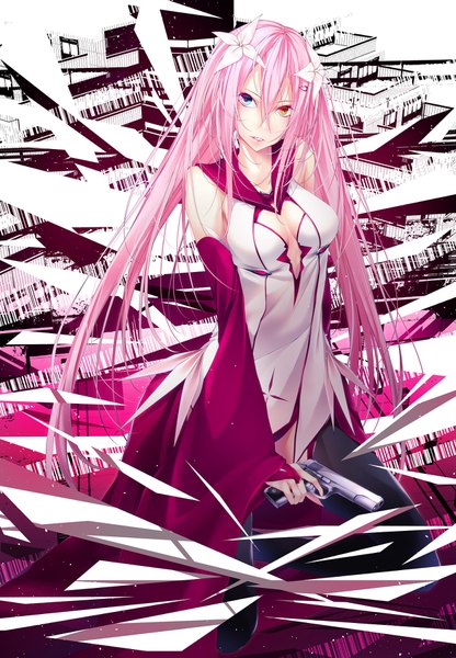 Anime picture 1250x1800 with original yoaferia single tall image looking at viewer fringe breasts hair between eyes twintails pink hair very long hair hair flower heterochromia girl thighhighs hair ornament flower (flowers) weapon black thighhighs detached sleeves