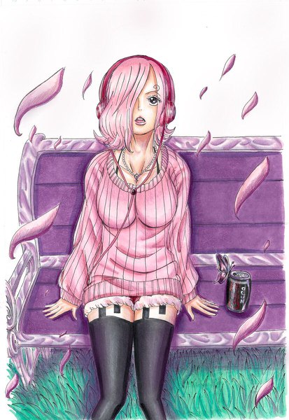 Anime picture 826x1200 with one piece toei animation vinsmoke reiju stt0tr single tall image fringe short hair breasts open mouth simple background white background sitting pink hair black eyes hair over one eye arm support teeth tattoo alternate costume